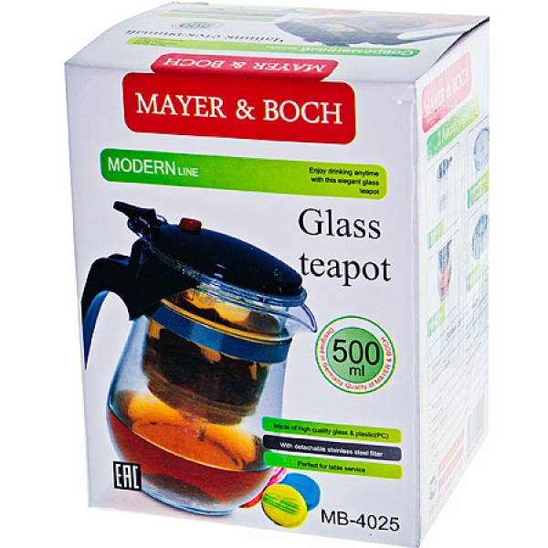 4025 Чайник заварочный 0,5л дав/клап стекло/нерж/ст/пластик MAYER&BOCH 